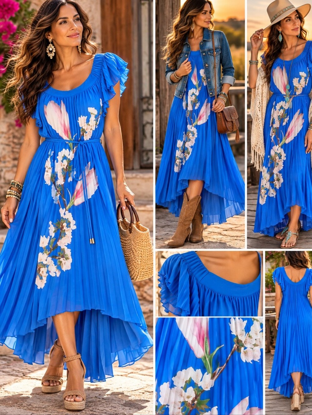 NWT Ted Baker Harmony Pleated Floral Maxi Dress Size 4 Blue Hi Low DAMAGED